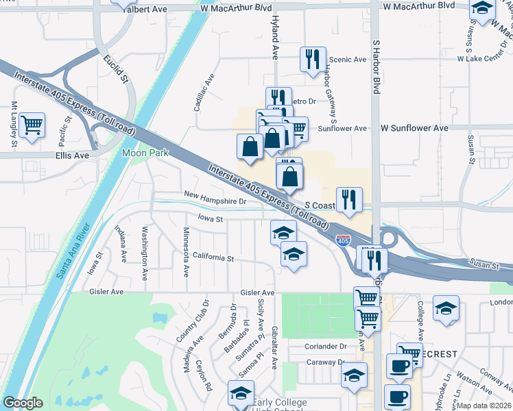 map of restaurants, bars, coffee shops, grocery stores, and more near 1653 New Hampshire Drive in Costa Mesa