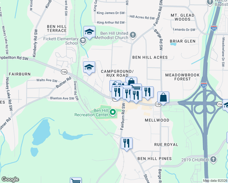 map of restaurants, bars, coffee shops, grocery stores, and more near 2304 Camp Ground Road Southwest in Atlanta