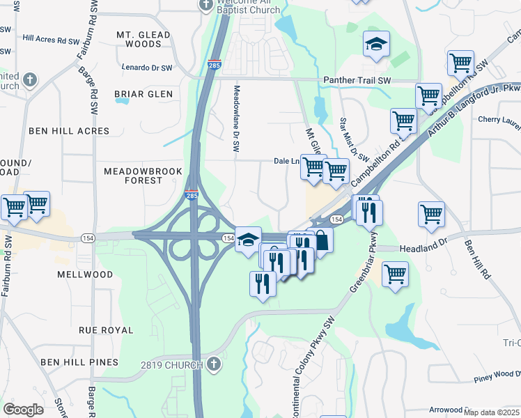 map of restaurants, bars, coffee shops, grocery stores, and more near 2339 Country Club Lane Southwest in Atlanta