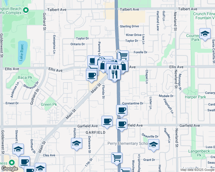map of restaurants, bars, coffee shops, grocery stores, and more near 18652 Florida Street in Huntington Beach