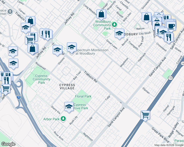 map of restaurants, bars, coffee shops, grocery stores, and more near 21 Paperbark in Irvine