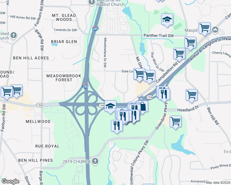 map of restaurants, bars, coffee shops, grocery stores, and more near 2339 Country Club Lane Southwest in Atlanta