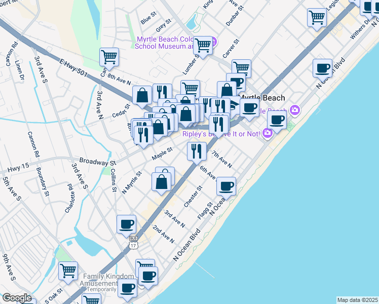 map of restaurants, bars, coffee shops, grocery stores, and more near 502 6th Avenue North in Myrtle Beach