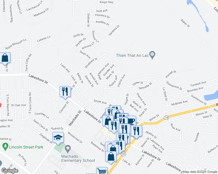 map of restaurants, bars, coffee shops, grocery stores, and more near Pierce Street in Lake Elsinore