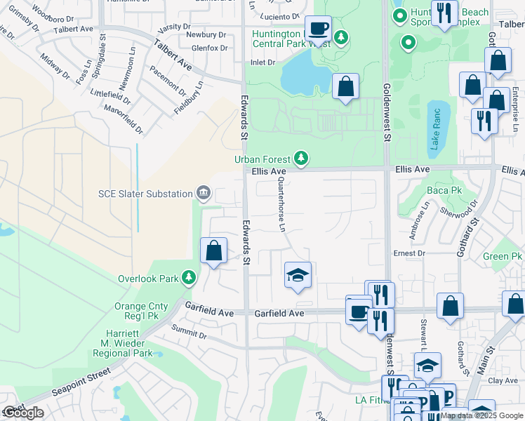 map of restaurants, bars, coffee shops, grocery stores, and more near 6571 Polo Circle in Huntington Beach