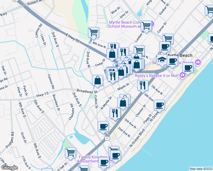 map of restaurants, bars, coffee shops, grocery stores, and more near 309 Broadway Street in Myrtle Beach