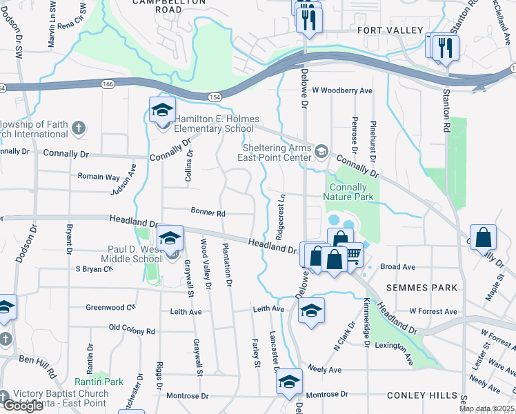 map of restaurants, bars, coffee shops, grocery stores, and more near 2338 Farley Court in East Point