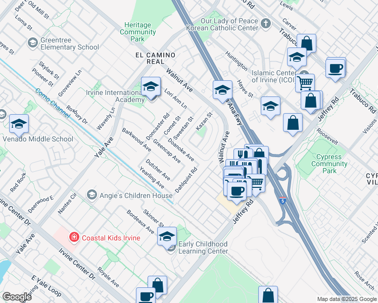 map of restaurants, bars, coffee shops, grocery stores, and more near 5121 Doanoke Avenue in Irvine
