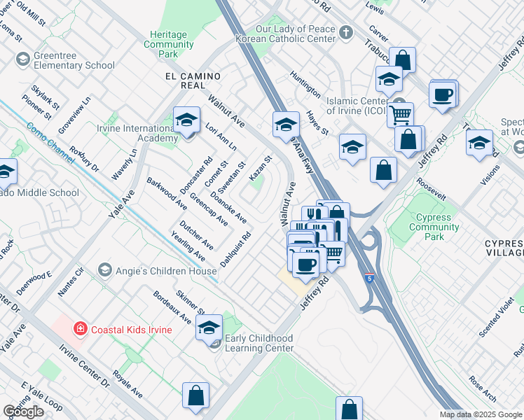 map of restaurants, bars, coffee shops, grocery stores, and more near 87 Elksford Avenue in Irvine