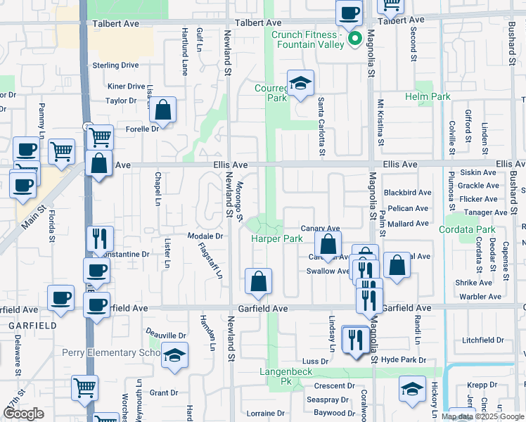 map of restaurants, bars, coffee shops, grocery stores, and more near 18658 Santa Isadora Street in Fountain Valley