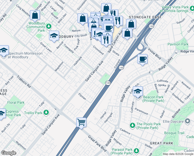 map of restaurants, bars, coffee shops, grocery stores, and more near 61 Sable in Irvine