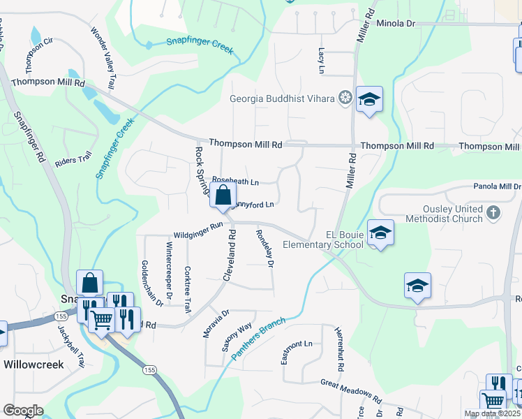 map of restaurants, bars, coffee shops, grocery stores, and more near 3188 Sunnyford Lane in Stonecrest