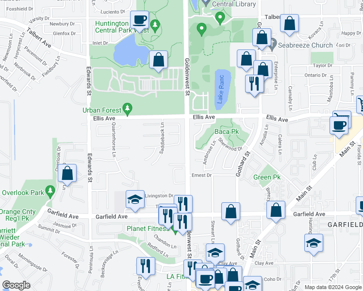 map of restaurants, bars, coffee shops, grocery stores, and more near 6982 Derby Circle in Huntington Beach