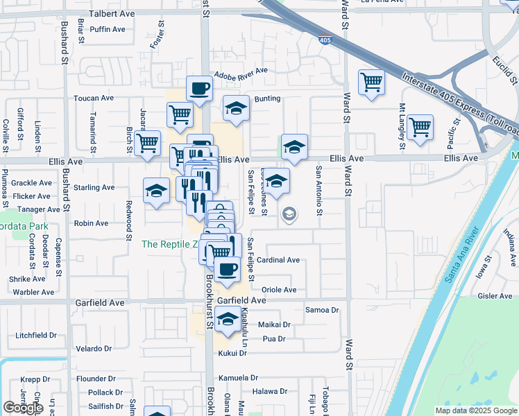 map of restaurants, bars, coffee shops, grocery stores, and more near 18673 Los Leones Street in Fountain Valley