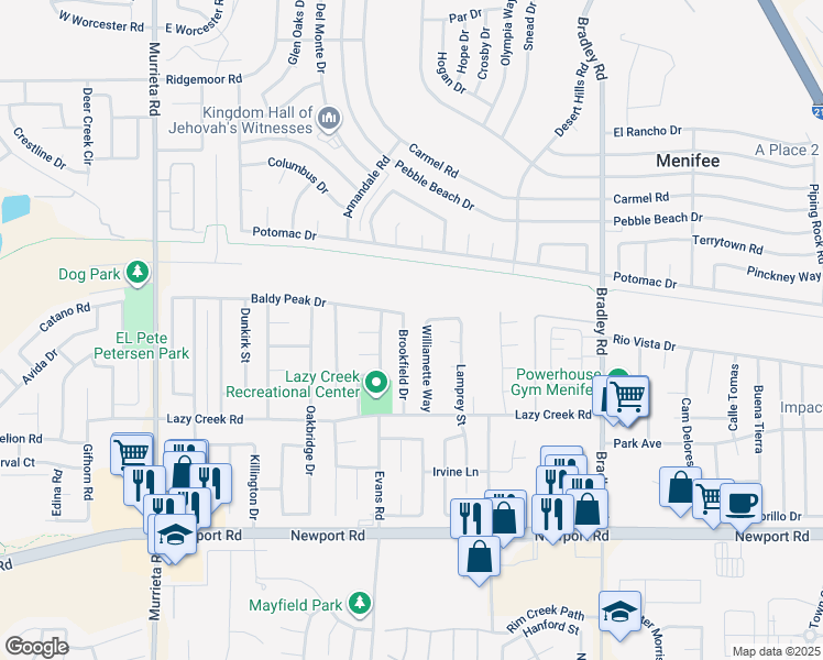 map of restaurants, bars, coffee shops, grocery stores, and more near 29534 Brookfield Drive in Menifee