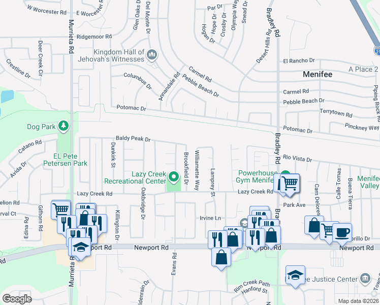 map of restaurants, bars, coffee shops, grocery stores, and more near 29549 Brookfield Drive in Menifee