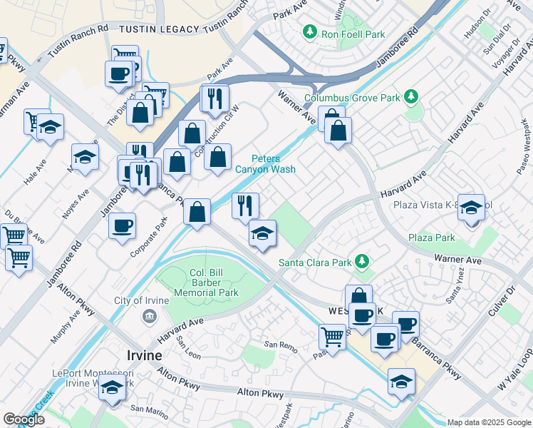 map of restaurants, bars, coffee shops, grocery stores, and more near 630 Silk Tree in Irvine