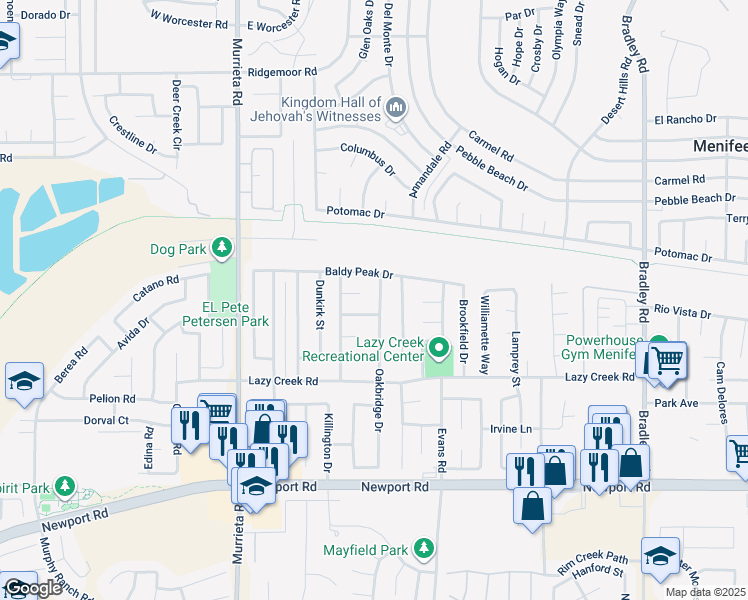 map of restaurants, bars, coffee shops, grocery stores, and more near 29557 Oakbridge Drive in Menifee