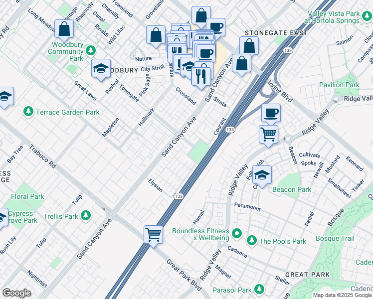map of restaurants, bars, coffee shops, grocery stores, and more near 23 Crosspointe in Irvine