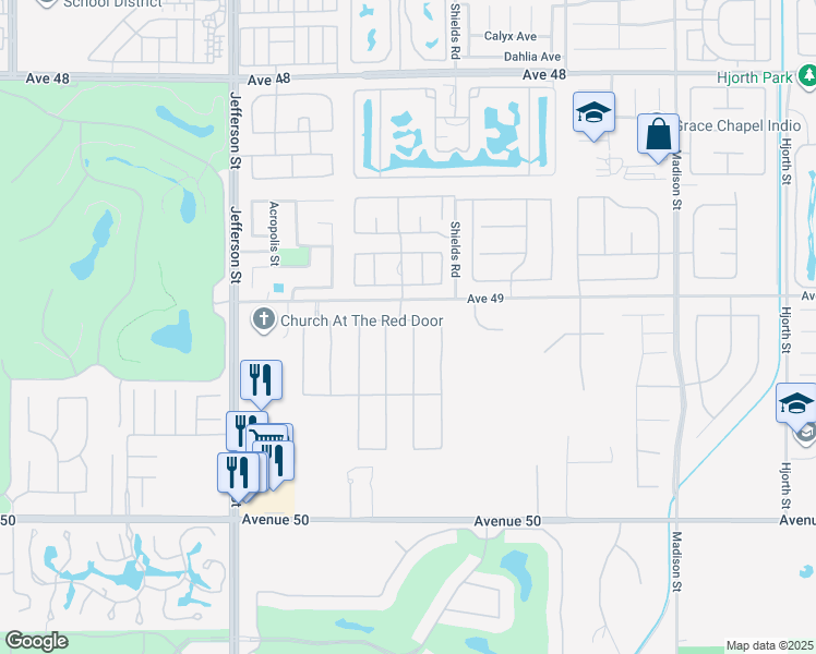 map of restaurants, bars, coffee shops, grocery stores, and more near 49143 Gila River Street in Indio