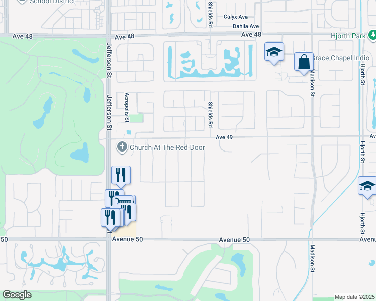 map of restaurants, bars, coffee shops, grocery stores, and more near 49143 Gila River Street in Indio