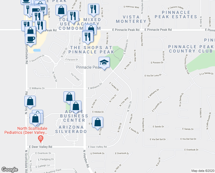 map of restaurants, bars, coffee shops, grocery stores, and more near 7640 East Manana Drive in Scottsdale