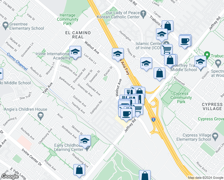 map of restaurants, bars, coffee shops, grocery stores, and more near 155 Oval Road in Irvine