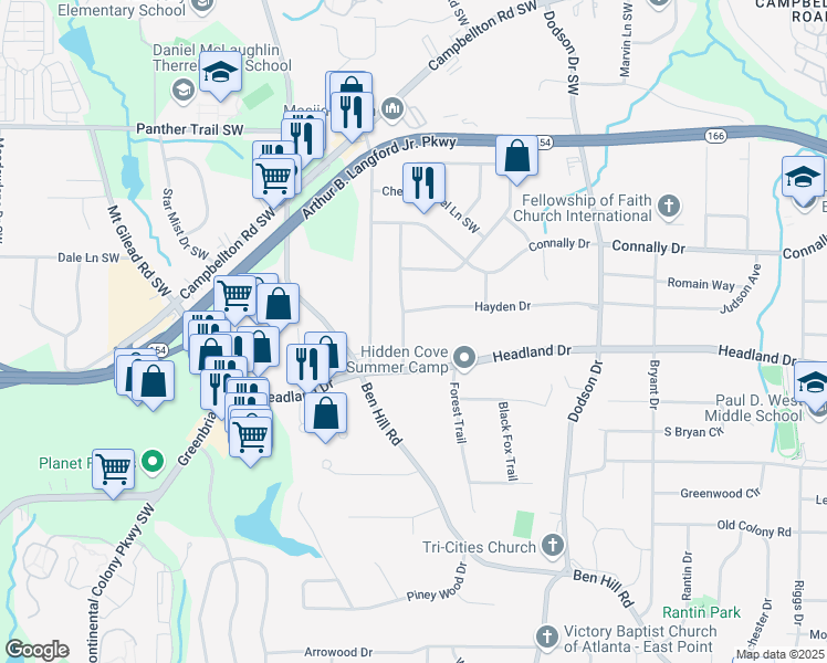 map of restaurants, bars, coffee shops, grocery stores, and more near 2330 Bonnybrook Way in East Point
