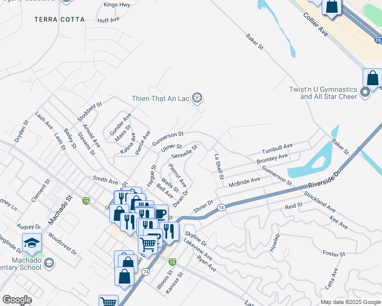 map of restaurants, bars, coffee shops, grocery stores, and more near Nichols Street in Lake Elsinore