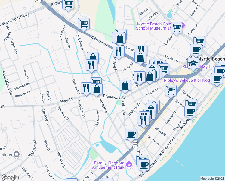 map of restaurants, bars, coffee shops, grocery stores, and more near 200 Broadway Street in Myrtle Beach