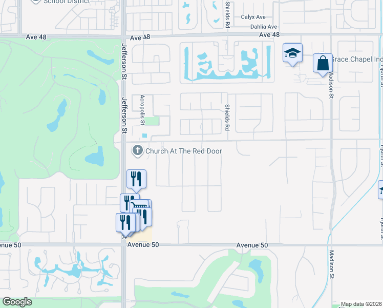 map of restaurants, bars, coffee shops, grocery stores, and more near 49133 Jordan Street in Indio