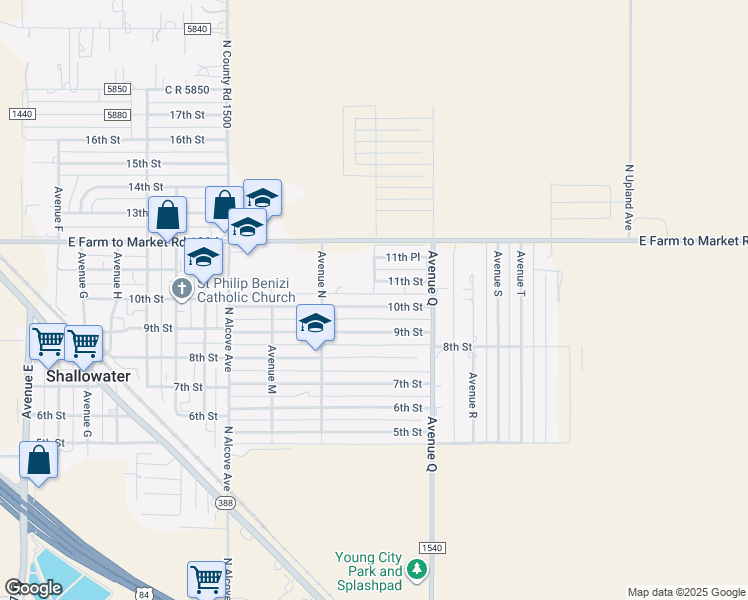 map of restaurants, bars, coffee shops, grocery stores, and more near 1415 10th Street in Shallowater