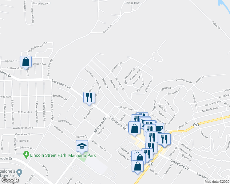 map of restaurants, bars, coffee shops, grocery stores, and more near 16537 Stevens Street in Lake Elsinore