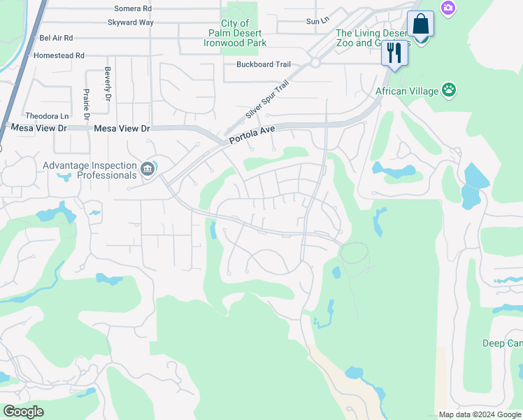 map of restaurants, bars, coffee shops, grocery stores, and more near 73429 Foxtail Lane in Palm Desert
