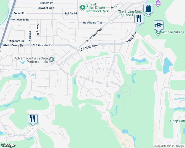 map of restaurants, bars, coffee shops, grocery stores, and more near 73429 Foxtail Lane in Palm Desert