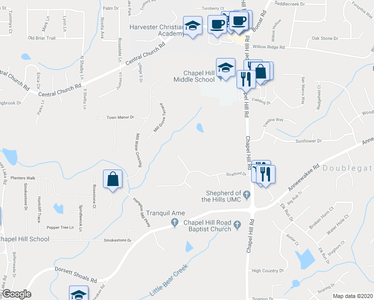 map of restaurants, bars, coffee shops, grocery stores, and more near 4232 Carrington Court in Douglasville