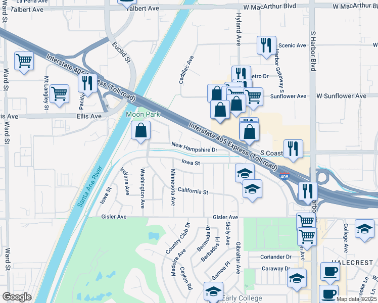 map of restaurants, bars, coffee shops, grocery stores, and more near 1723 New Hampshire Drive in Costa Mesa