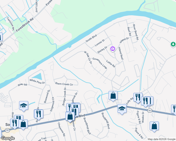 map of restaurants, bars, coffee shops, grocery stores, and more near 1308 Blair Court in Myrtle Beach