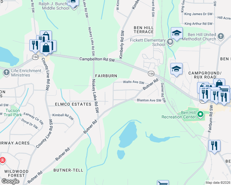map of restaurants, bars, coffee shops, grocery stores, and more near 2320 Palmetto Avenue Southwest in Atlanta