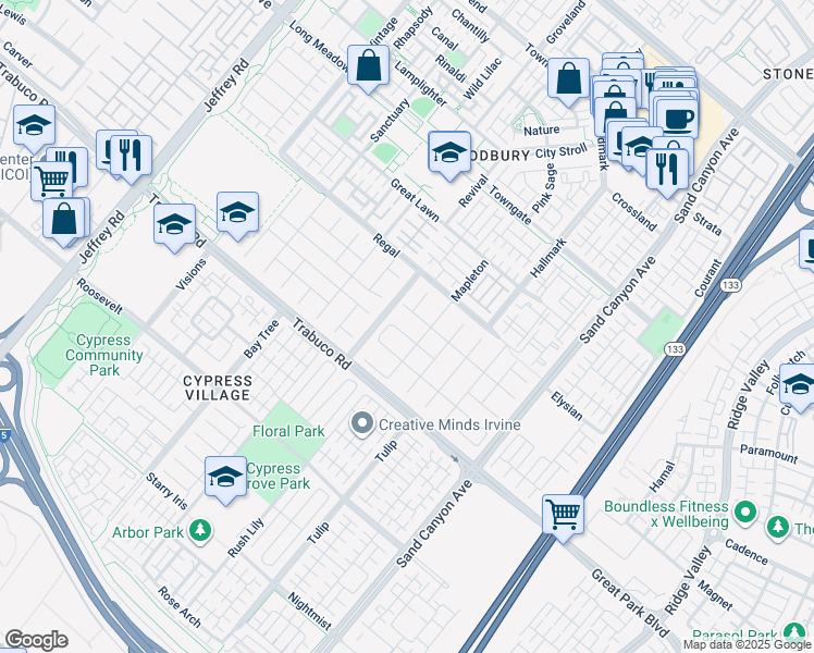 map of restaurants, bars, coffee shops, grocery stores, and more near 29 Royal Grove in Irvine