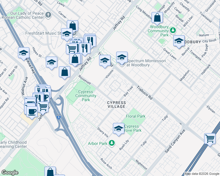 map of restaurants, bars, coffee shops, grocery stores, and more near Roosevelt in Irvine