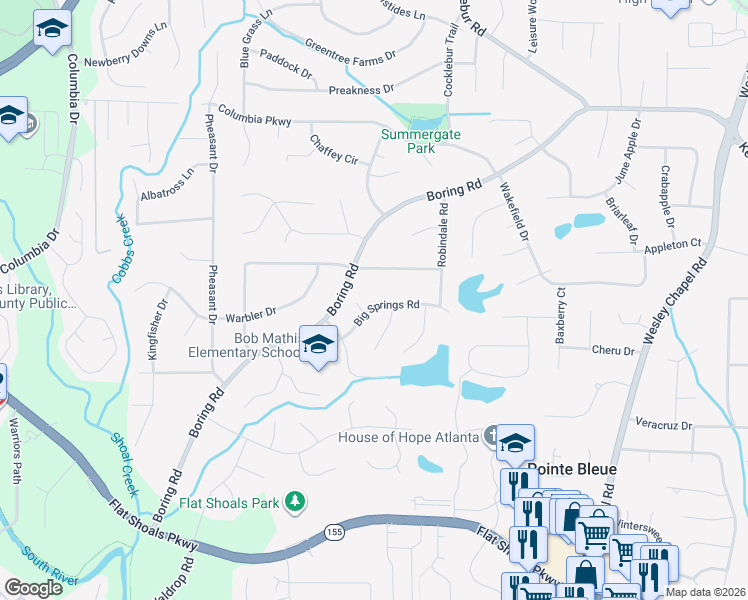 map of restaurants, bars, coffee shops, grocery stores, and more near 3663 Big Springs Road in Decatur