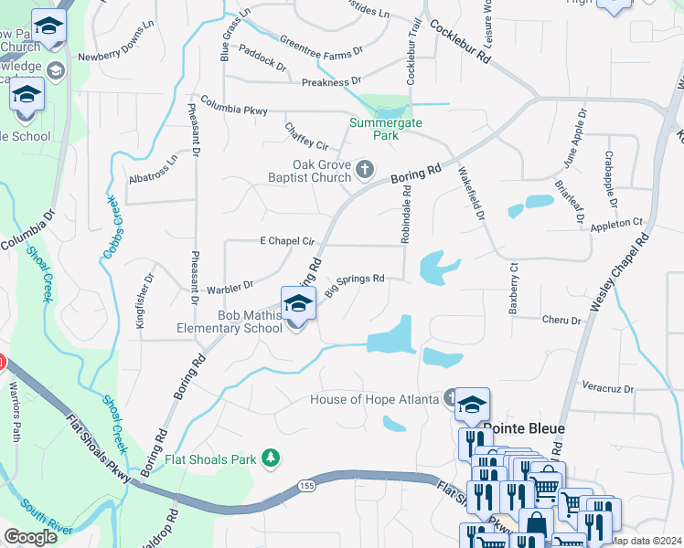 map of restaurants, bars, coffee shops, grocery stores, and more near 3663 Big Springs Road in Decatur