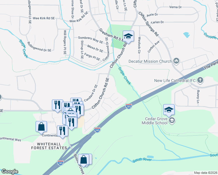 map of restaurants, bars, coffee shops, grocery stores, and more near 2137 Canaan Court Southeast in Atlanta