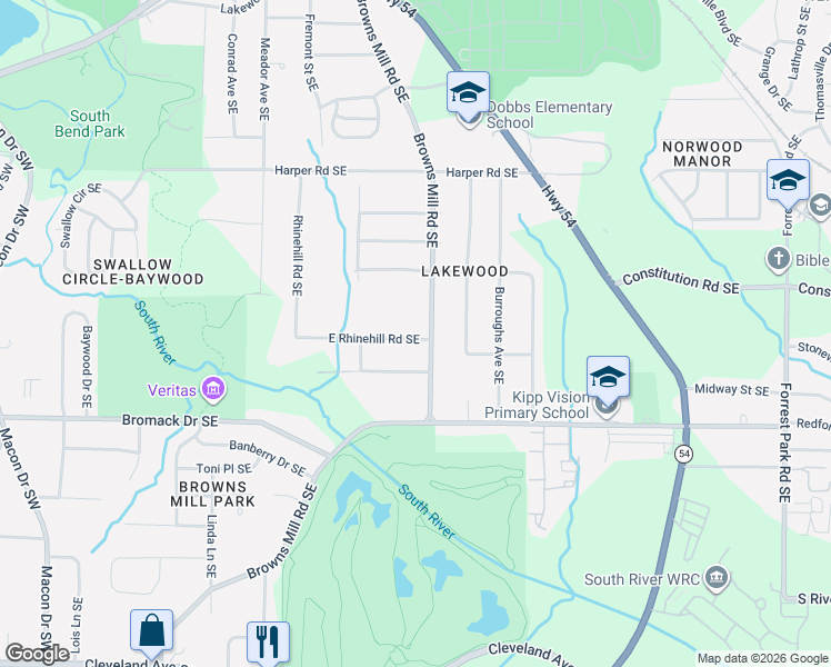 map of restaurants, bars, coffee shops, grocery stores, and more near 444 East Rhinehill Road Southeast in Atlanta