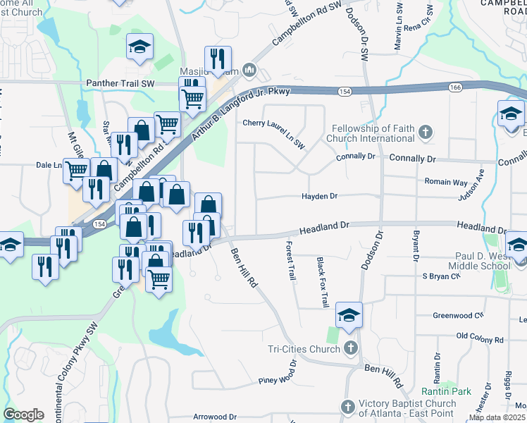 map of restaurants, bars, coffee shops, grocery stores, and more near 2330 Bonnybrook Way in East Point