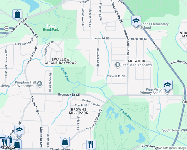 map of restaurants, bars, coffee shops, grocery stores, and more near 2275 Rhinehill Road Southeast in Atlanta