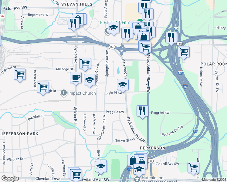 map of restaurants, bars, coffee shops, grocery stores, and more near 722 Yale Place Southwest in Atlanta