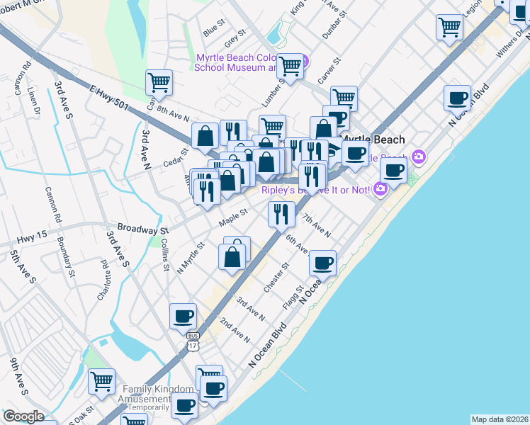 map of restaurants, bars, coffee shops, grocery stores, and more near 502 6th Avenue North in Myrtle Beach