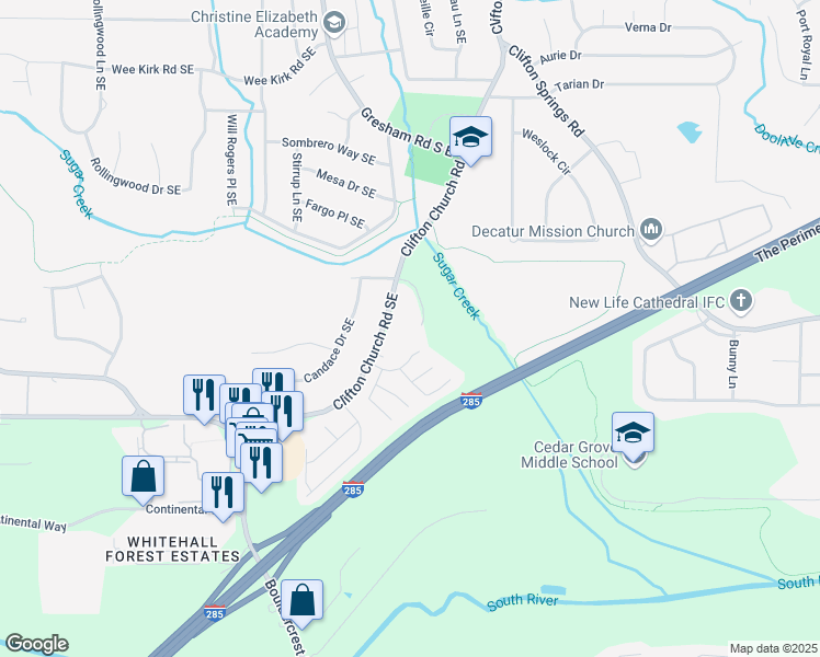 map of restaurants, bars, coffee shops, grocery stores, and more near 2137 Canaan Court Southeast in Atlanta